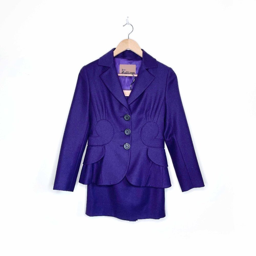 john galliano 00's purple wool skirt suit - size 6